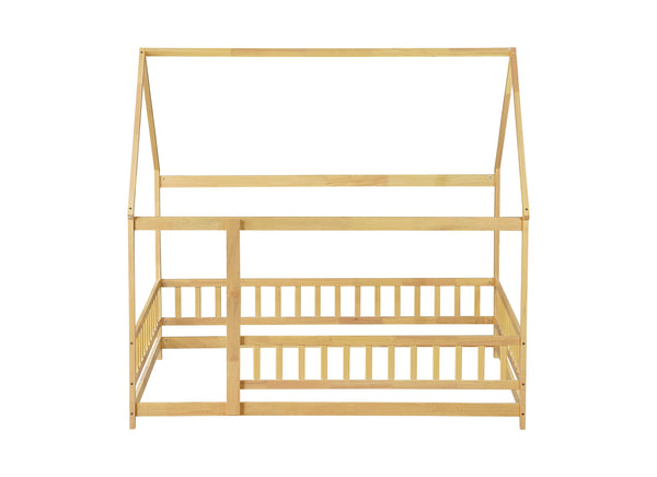 English Elm Full Size House Floor Bed With Roof Frame & Safety Guardrails - Cozy Natural Wood Design For Kids W504P286409