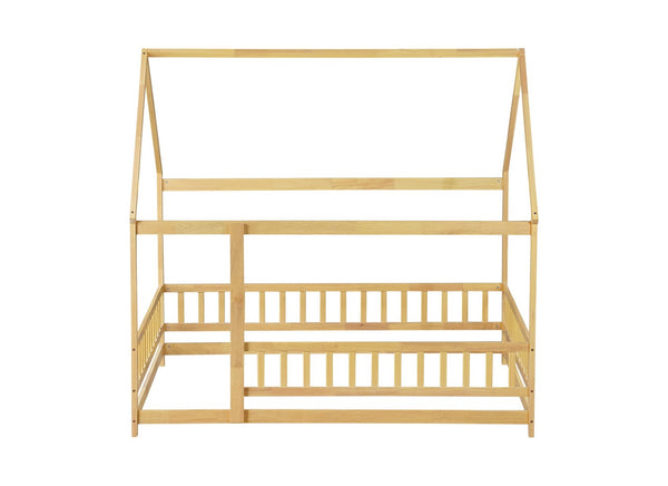 English Elm Twin House Shaped Floor Bed Solid Rubberwood Frame with Guardrails for Kids W504P370560