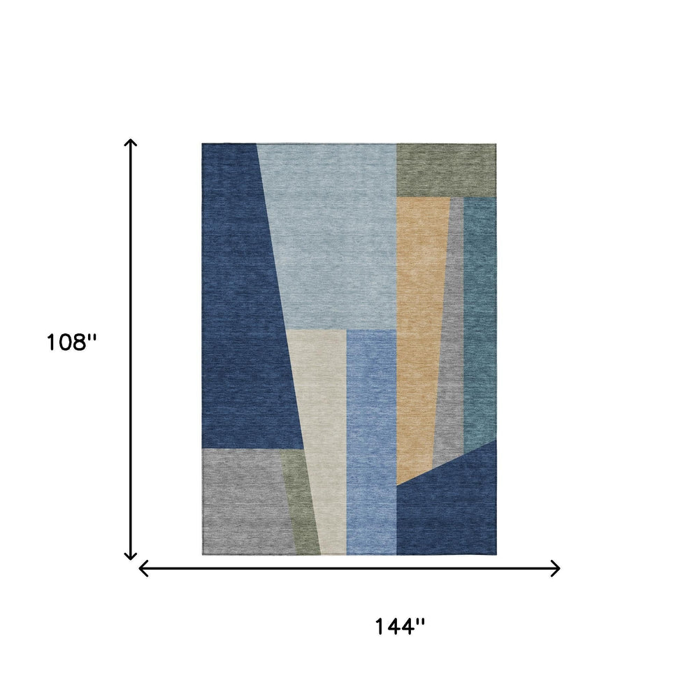 HomeRoots Geometric Polyester Area Rug Machine Washable Navy Indoor Outdoor Low Pile Modern Pattern 9' x 12' 725129