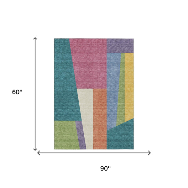 Geometric Polyester Area Rug Washable Teal Blush Tones for Indoor Outdoor Patio Spaces