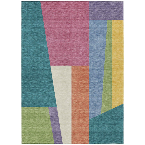 Geometric Polyester Area Rug Washable Teal Blush Tones for Indoor Outdoor Patio Spaces