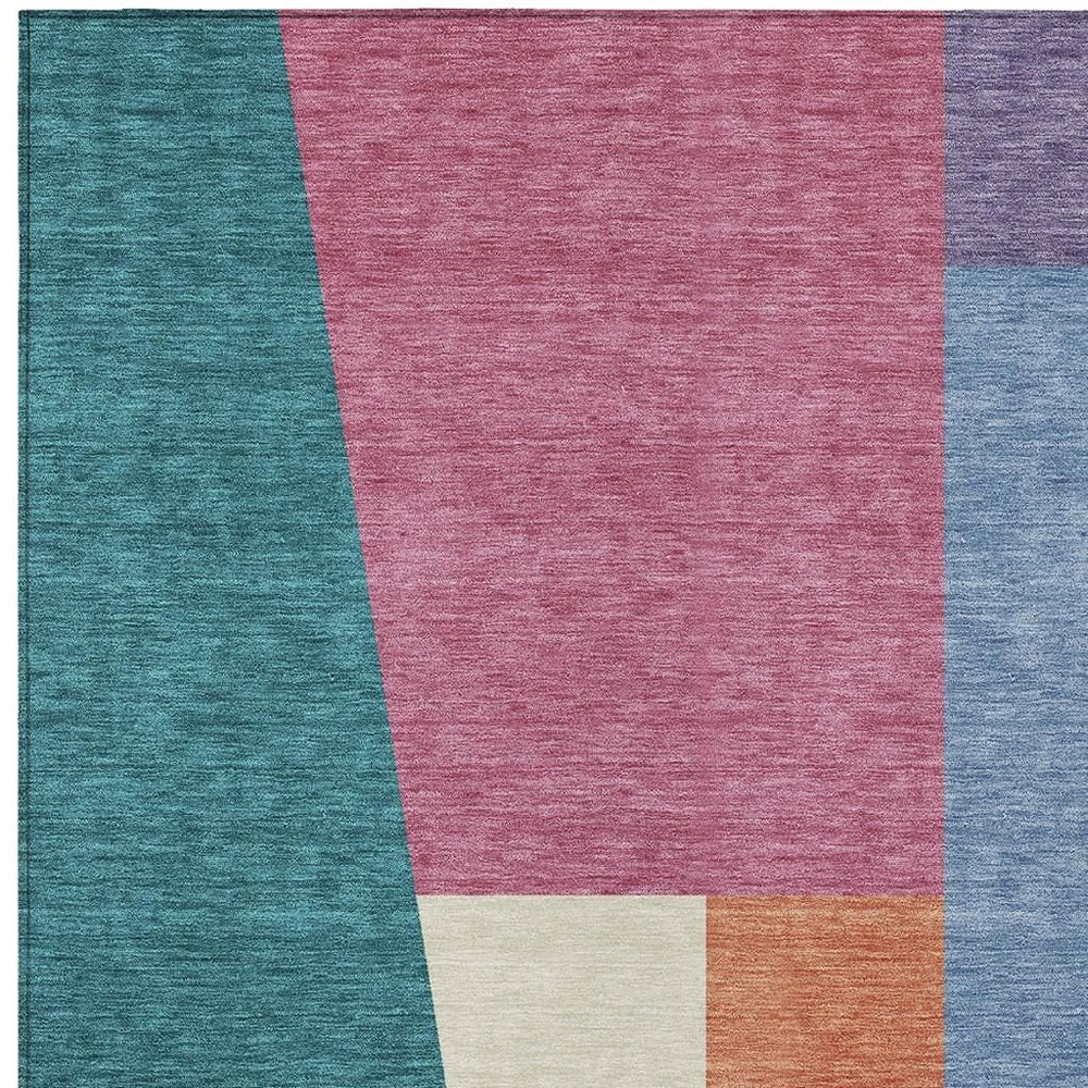 HomeRoots Geometric Polyester Area Rug Washable Teal Blush Tones for Indoor Outdoor Patio Spaces 9' x 12' 725141