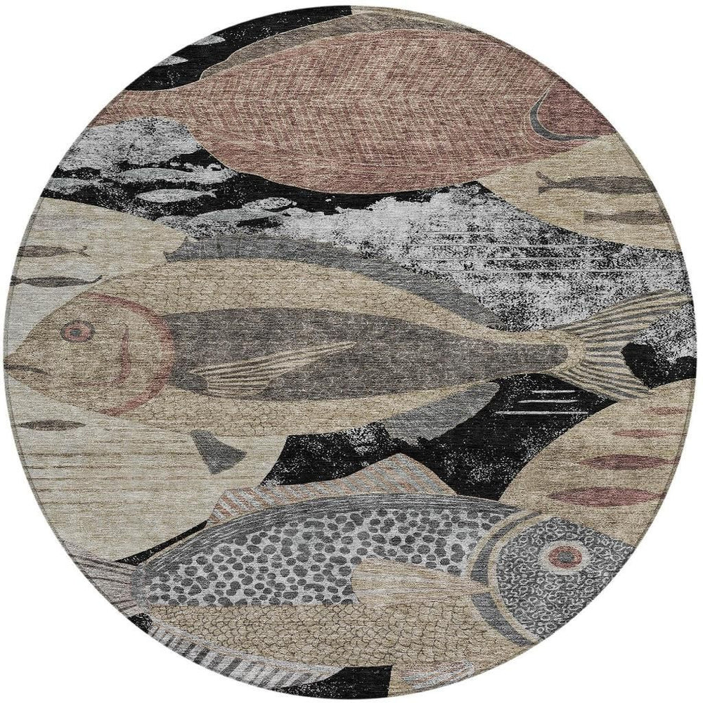 HomeRoots 8 Ft Round Tropical Fish Polyester Area Rug Washable Indoor Outdoor Coastal Decor 725151