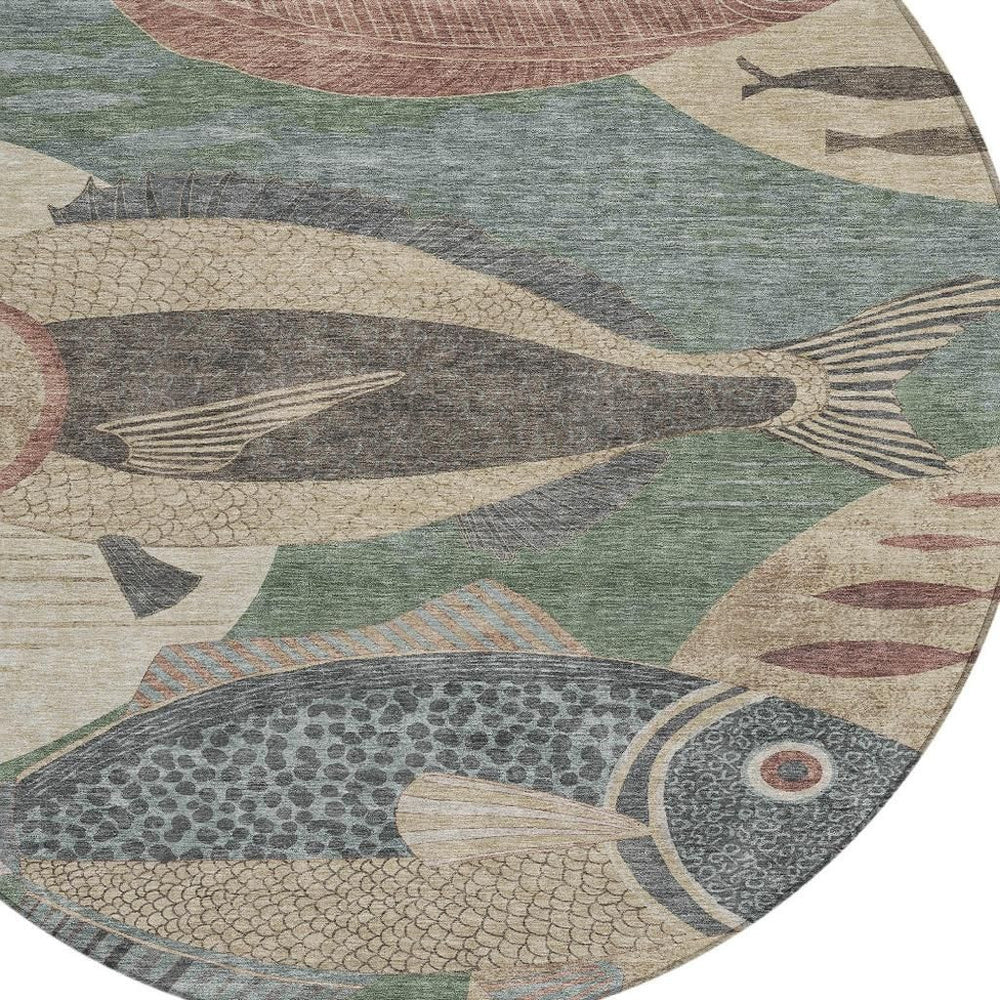 HomeRoots 8 Foot Round Tropical Fish Polyester Area Rug Washable Indoor Outdoor Coastal 725157