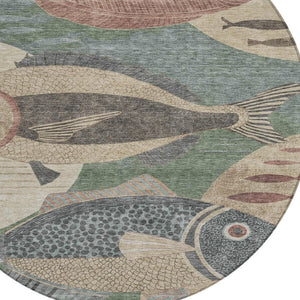 HomeRoots 8 Foot Round Tropical Fish Polyester Area Rug Washable Indoor Outdoor Coastal 725157