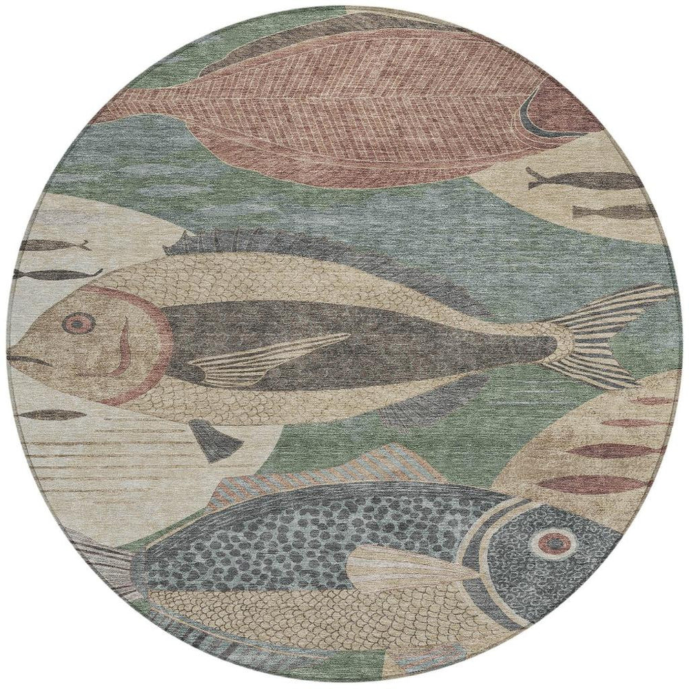 HomeRoots 8 Foot Round Tropical Fish Polyester Area Rug Washable Indoor Outdoor Coastal 725157