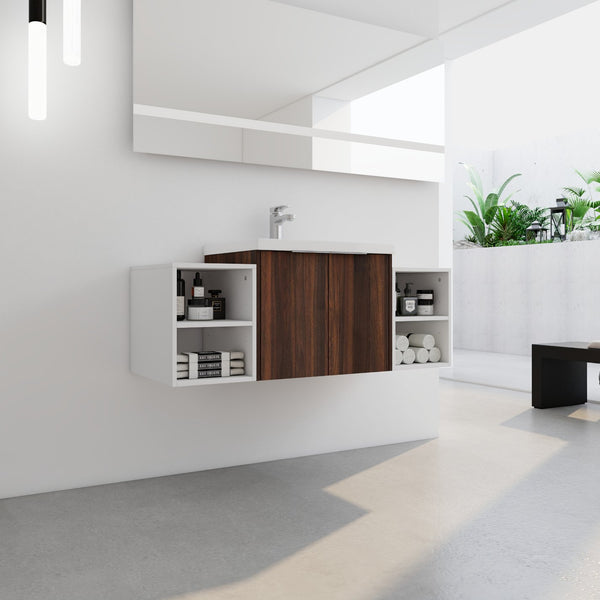 English Elm 48 Inch Wall Mounted Bathroom Vanity with Resin Sink, Soft-Close Doors, Metal Handles, Storage—Durable Eco Plywood California Walnut W999S00185
