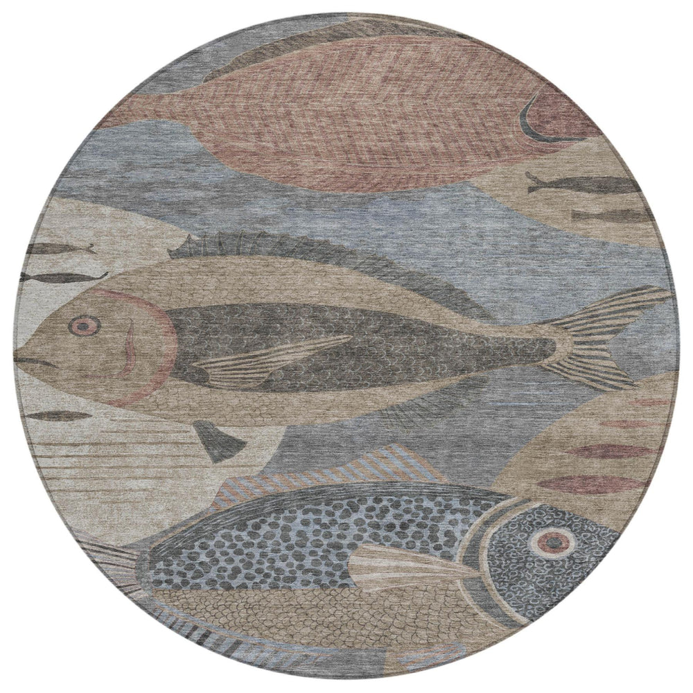 8 Foot Round Tropical Fish Polyester Area Rug Washable Indoor Outdoor Coastal Style