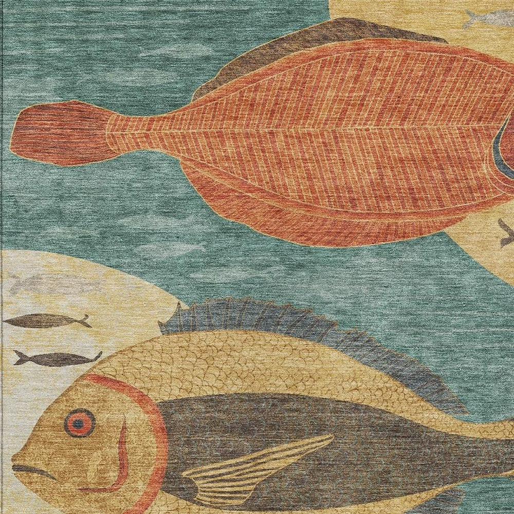 HomeRoots Tropical Fish Polyester Area Rug Washable Indoor Outdoor Coastal Teal Gold Accent 5' x 8' 725168