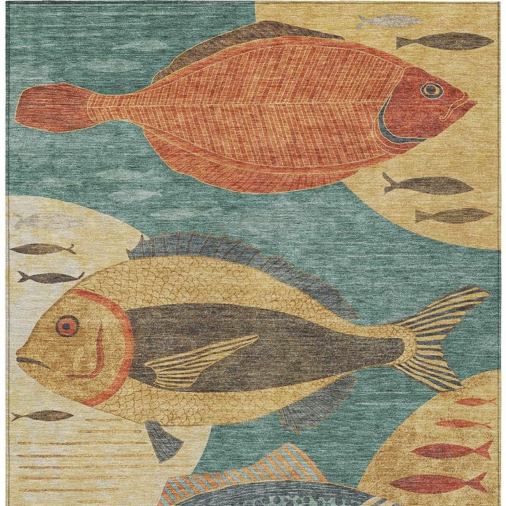 HomeRoots Tropical Fish Polyester Area Rug Washable Indoor Outdoor Coastal Teal Gold Accent 5' x 8' 725168
