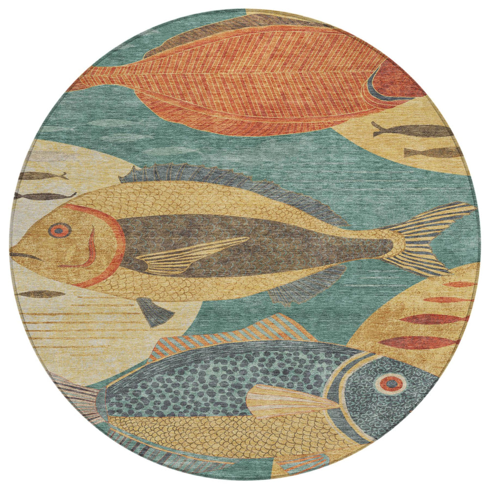 8 Foot Round Tropical Fish Polyester Area Rug for Indoor Outdoor Coastal Decor