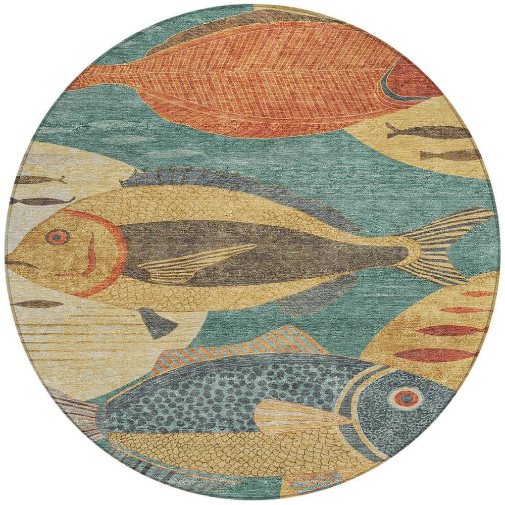 8 Foot Round Tropical Fish Polyester Area Rug for Indoor Outdoor Coastal Decor