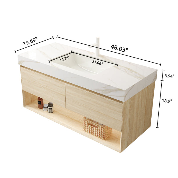 English Elm FRIGGA 48" Bathroom Vanity with Calacatta Gold Sintered Stone Top, Ceramic Basin, LED Sensor Light, Plywood Cabinet W2615S00294