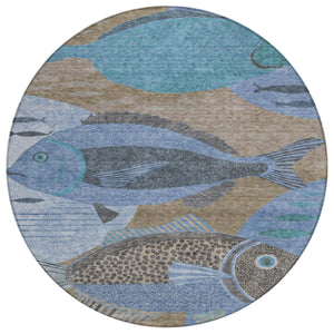 8' Round Tropical Fish Polyester Area Rug Machine Washable Indoor Outdoor Coastal