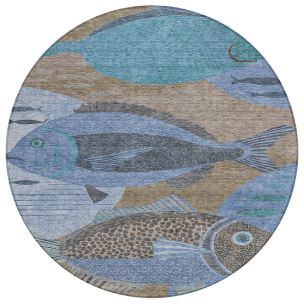 8' Round Tropical Fish Polyester Area Rug Machine Washable Indoor Outdoor Coastal