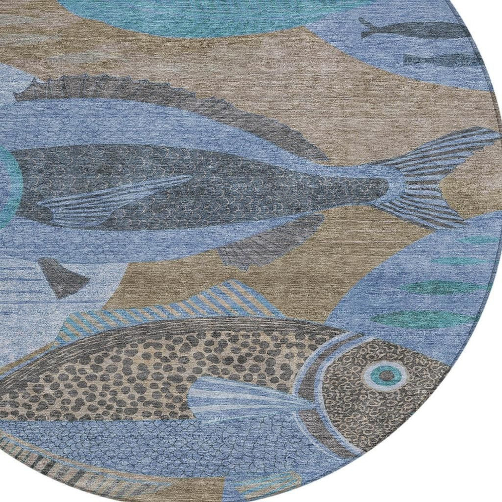 HomeRoots 8' Round Tropical Fish Polyester Area Rug Machine Washable Indoor Outdoor Coastal 725175