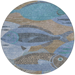 8' Round Tropical Fish Polyester Area Rug Machine Washable Indoor Outdoor Coastal