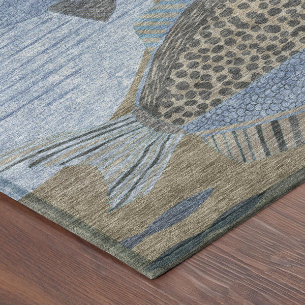 8' Round Tropical Fish Polyester Area Rug Machine Washable Indoor Outdoor Coastal
