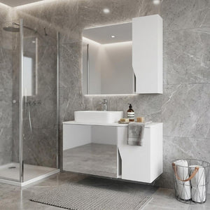 7 Inch White Wood Floating Bathroom Vanity with Double Doors and Mirror Cabinet