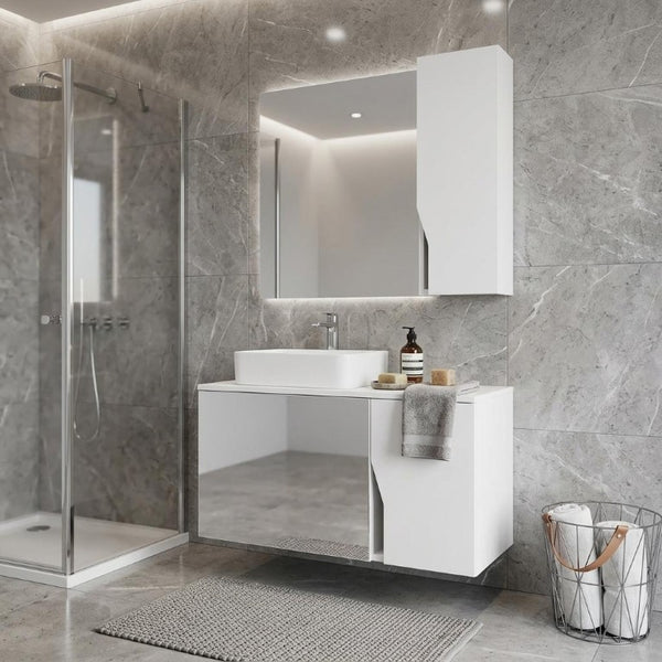 7 Inch White Wood Floating Bathroom Vanity with Double Doors and Mirror Cabinet