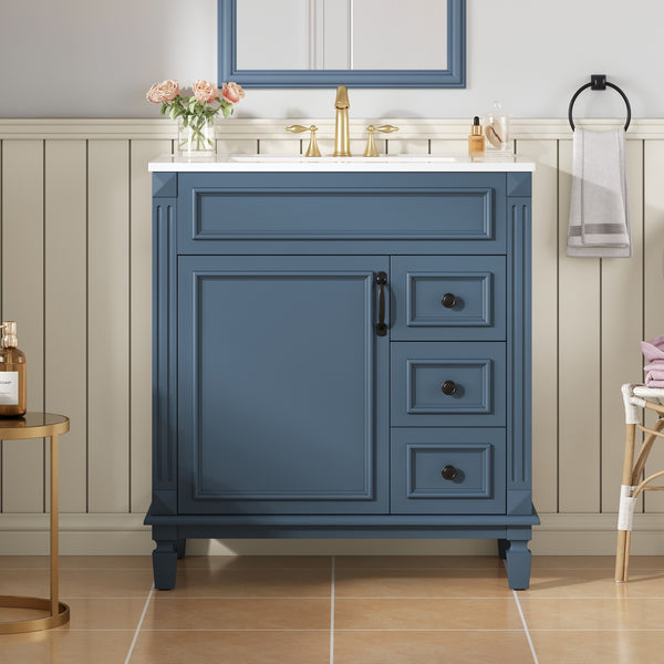 English Elm 30" French-Inspired Bathroom Vanity With Ceramic Sink, Soft-Close Drawers & Elegant Storage Solutions N710P323323C
