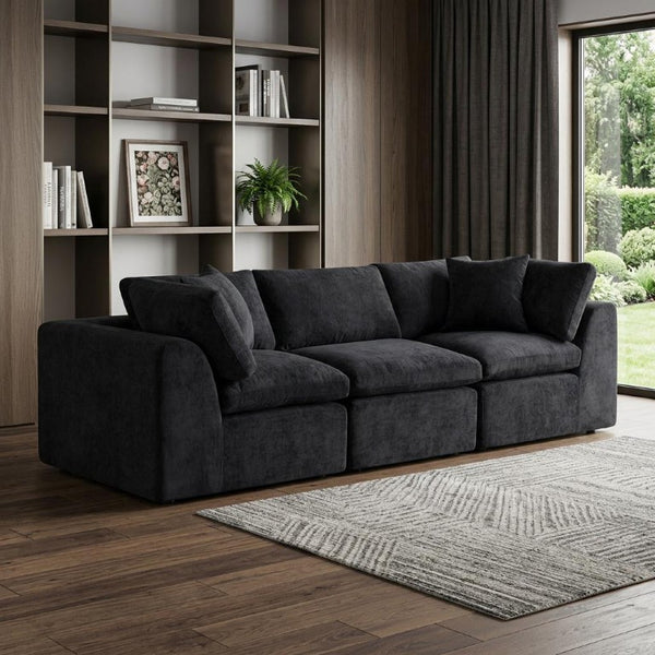 108 Inch Black Chenille Modular Sectional Sofa with Accent Throw Pillows Included