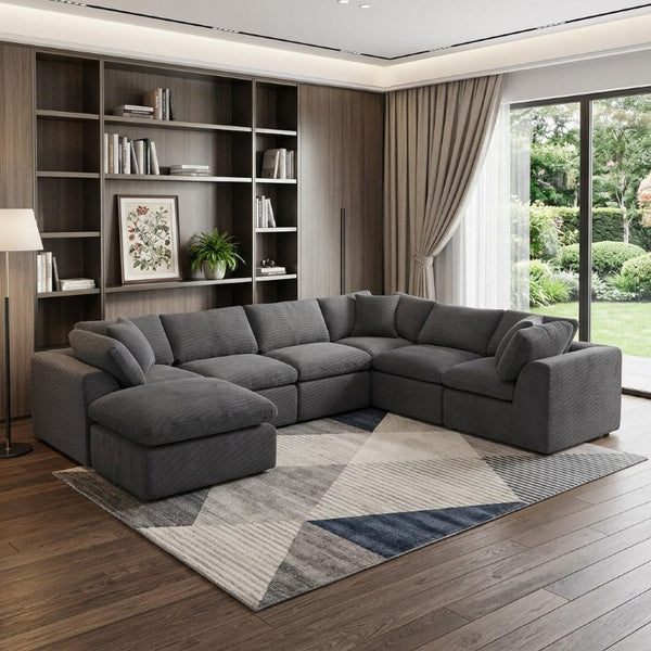 138 Inch Corduroy Modular Sectional Sofa with Ottoman Accent Pillows Included