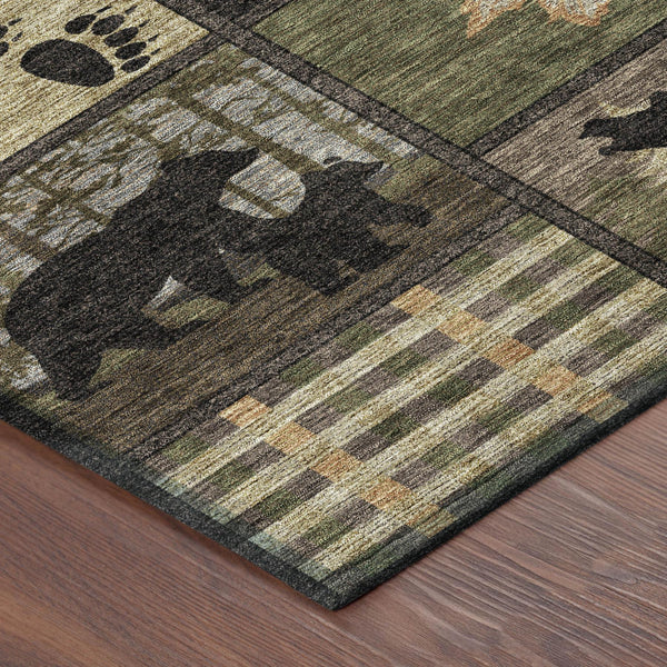 Bear Motif Washable Polyester Indoor Outdoor Rug for Lodge Rustic and High Traffic Spaces