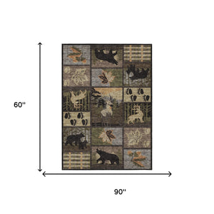 Bear Motif Washable Polyester Indoor Outdoor Rug for Lodge Rustic and High Traffic Spaces