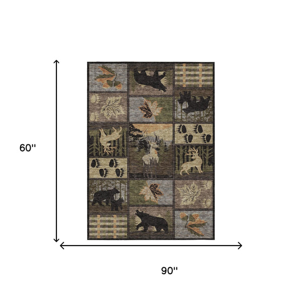 Bear Motif Washable Polyester Indoor Outdoor Rug for Lodge Rustic and High Traffic Spaces
