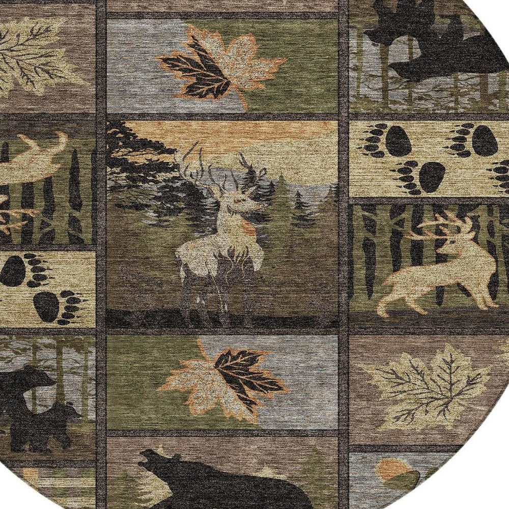 HomeRoots 8 Foot Round Bear Motif Washable Polyester Rug for Patios Mudrooms and Family Rooms 725214