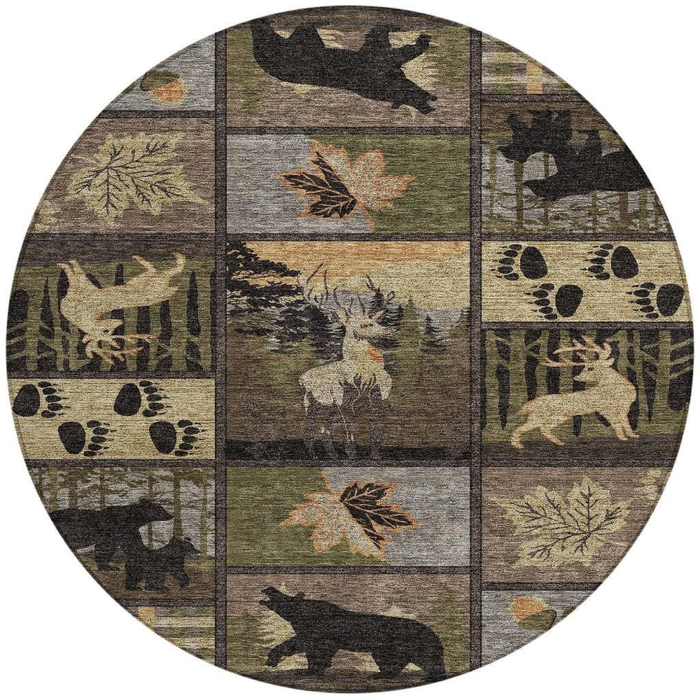 HomeRoots 8 Foot Round Bear Motif Washable Polyester Rug for Patios Mudrooms and Family Rooms 725214