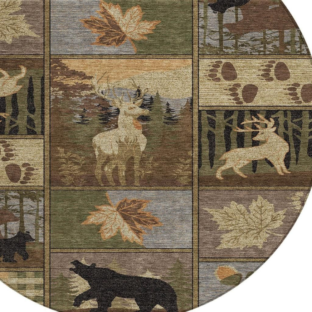 HomeRoots 8 Foot Round Bear Motif Washable Polyester Rug for Indoor Outdoor Cabin Spaces 725220