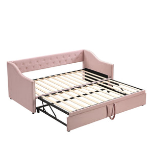 English Elm Twin Upholstered Daybed with Pop-Up Trundle, Space-Saving Guest Bed with Slats, Hydraulic Wheels, 81.9" L Pink SF000133AAH