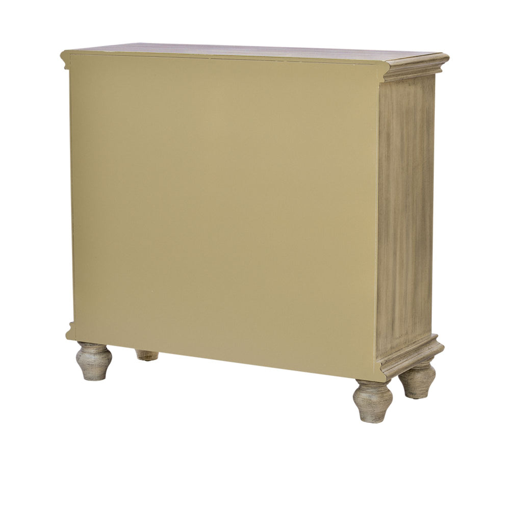 JLA Home Madison Park - 2-door Driscoll carved wood storage cabinet — compact two-tone vintage console with floral doors, adjustable shelf MP130-0156