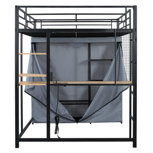 English Elm Full Loft Metal Bed with Built-In Desk, LED Strip, Power Outlet and Fabric Wardrobe for Space-Saving Living Black SF000179AAB