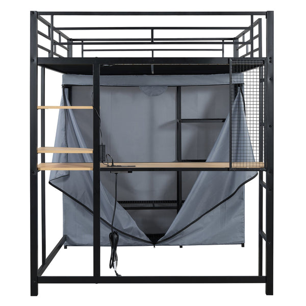 English Elm Full Loft Metal Bed with Built-In Desk, LED Strip, Power Outlet and Fabric Wardrobe for Space-Saving Living Black SF000179AAB