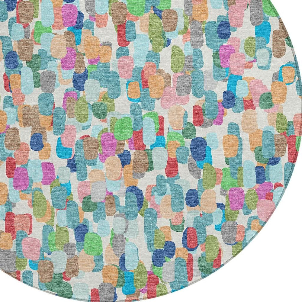 HomeRoots 8' Round Abstract Geometric Rug Washable Polyester Indoor Outdoor Teal Navy 725352