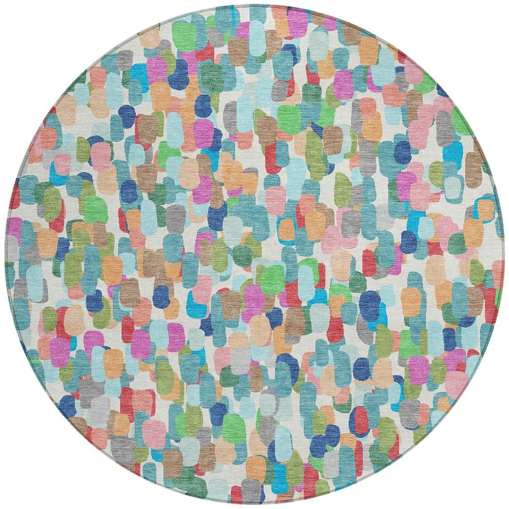 HomeRoots 8' Round Abstract Geometric Rug Washable Polyester Indoor Outdoor Teal Navy 725352