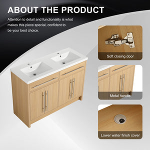English Elm 48" Freestanding Bathroom Vanity with Resin Sink and Spacious Cabinet, Soft-Close Doors, Durable Finish Oak W1972S00025