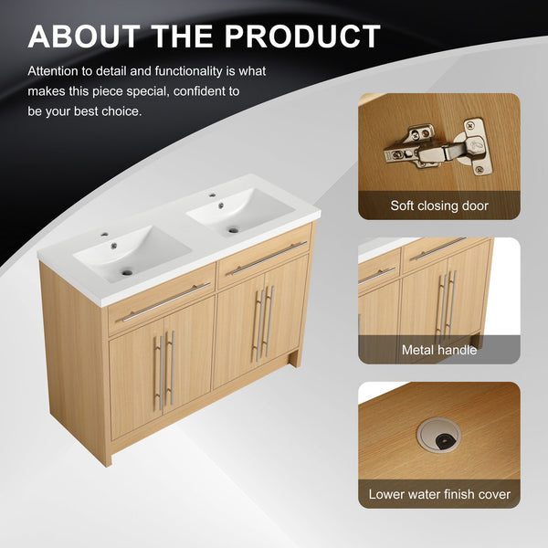 English Elm 48" Freestanding Bathroom Vanity with Resin Sink and Spacious Cabinet, Soft-Close Doors, Durable Finish Oak W1972S00025