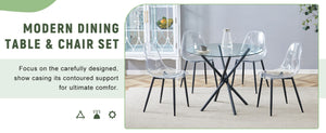 English Elm Table Set: Modern Round Tempered Glass Dining Table With 4 Transparent Chairs & Black Metal Legs W1151S03677-GIGA