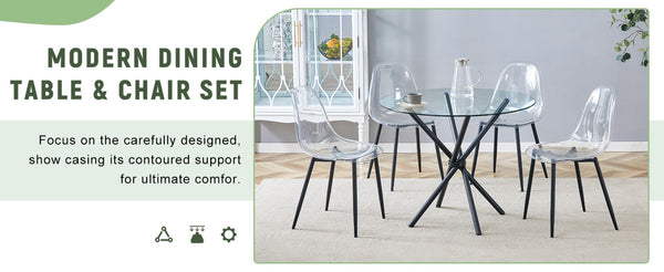 English Elm Table Set: Modern Round Tempered Glass Dining Table With 4 Transparent Chairs & Black Metal Legs W1151S03677-GIGA