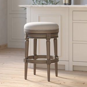 English Elm 31in. Swivel Barstool Faux Leather Seat Nailhead Trim Carved Walnut Frame Kitchen Bar Gray B2751P436439