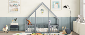 English Elm Twin Wood House-Shaped Floor Bed with Fence and Guardrails – Playful Pine Frame for Imaginative Kids Retreat Grey W504P143289