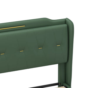 English Elm Christopher Knight Home® - King PU Leather Bed Frame with Wingback Headboard & Footboard, Gold Accents, Platform Slat Support, Elegant Design Green 77.5 L x 21 W x 5.25 H N761S0000012G