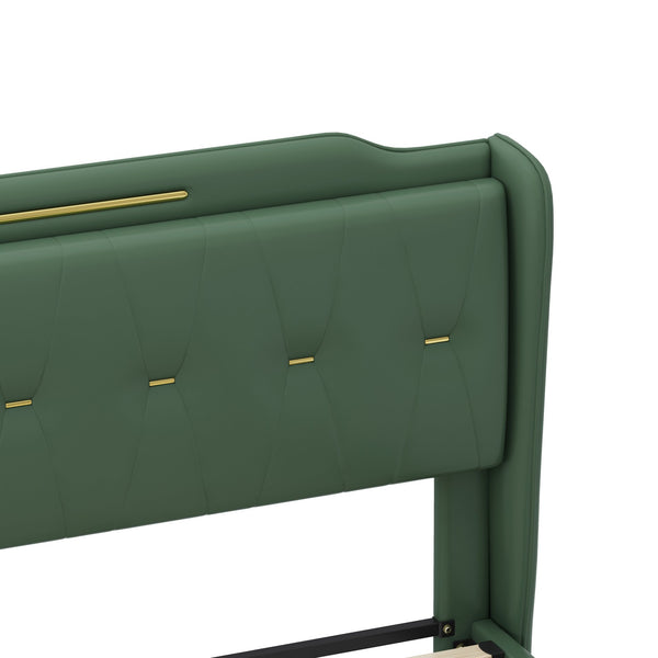 English Elm Christopher Knight Home® - King PU Leather Bed Frame with Wingback Headboard & Footboard, Gold Accents, Platform Slat Support, Elegant Design Green 77.5 L x 21 W x 5.25 H N761S0000012G