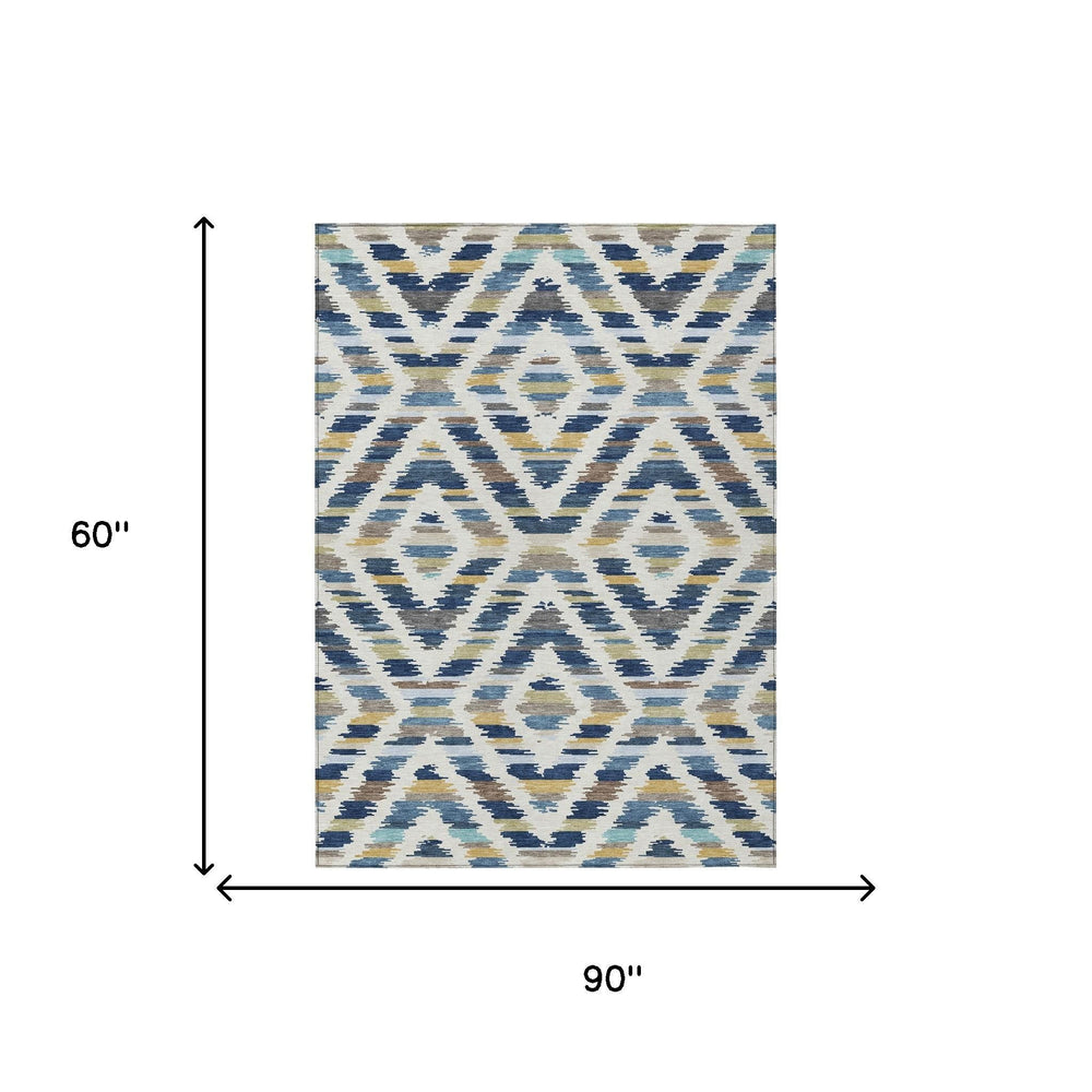 5x8 Navy Ivory Tribal Polyester Area Rug Washable Indoor Outdoor Patio Decor