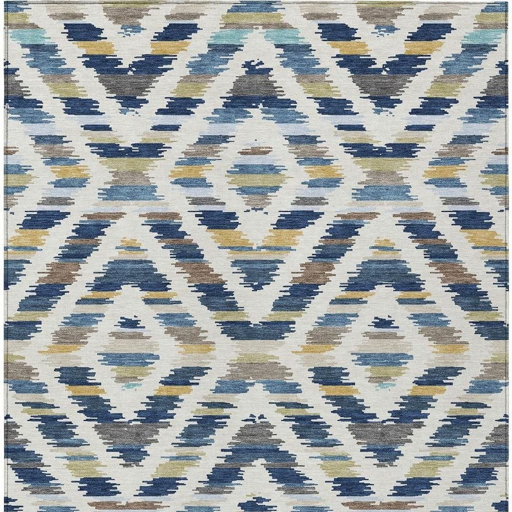 HomeRoots 9x12 Tribal Motif Washable Polyester Area Rug for Indoor Outdoor Spaces Navy Ivory 725426