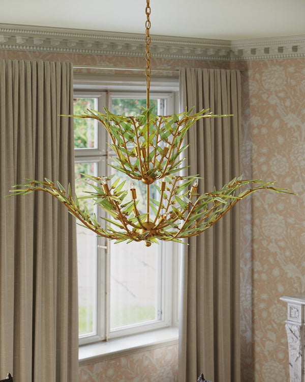 Currey & Company Babylon Chandelier - Elegant Bowl Design With Recycled Glass Leaves In Contemporary Gold Finish Green Recycled Bottle Glass ,Wrought Iron 9000-1310-currey-company